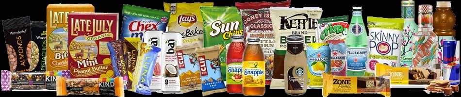 A wide assortment of snacks, bars and bottled drinks
